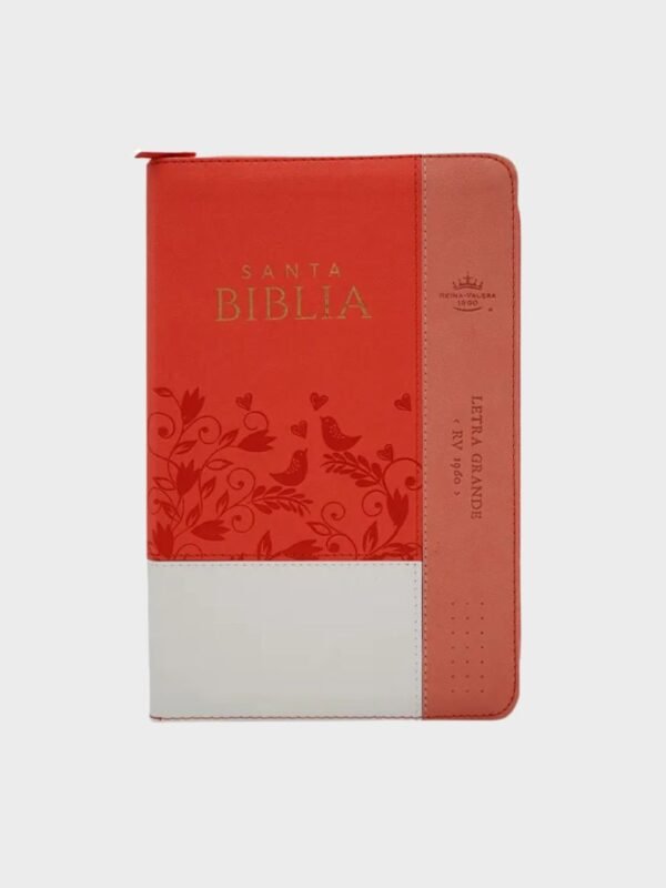 Biblia Reina Valera 1960 Tamaño Manual con Cierre, Letra Grande 12 pts, Piel Imitación Coral/Blanco con Pajaritos