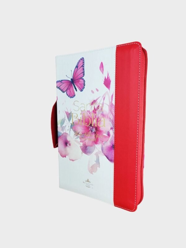 Biblia Reina Valera 1960 Letra Grande con Cierre e Índice – Diseño Mariposa Pretty Rosa, Imitación Piel y asa de mano