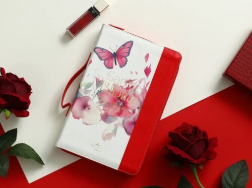 Biblia Reina Valera 1960 Letra Grande con Cierre e Índice – Diseño Mariposa Pretty Rosa, Imitación Piel y asa de mano