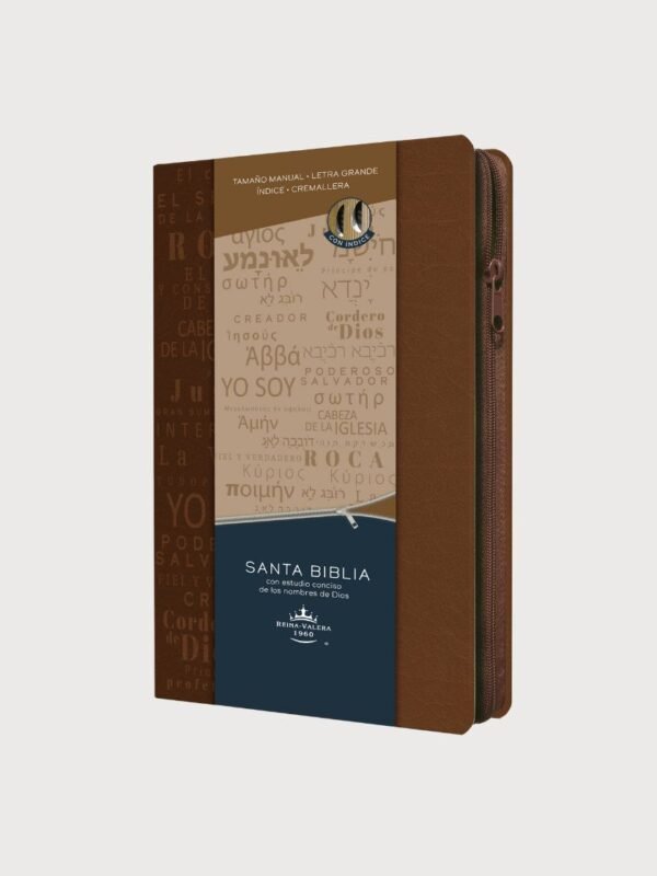 Biblia RVR 1960 Tamaño Manual Ultrafina con Letra Grande, Índice y Cremallera | Estudio de los Nombres de Dios | Símil Piel Canela