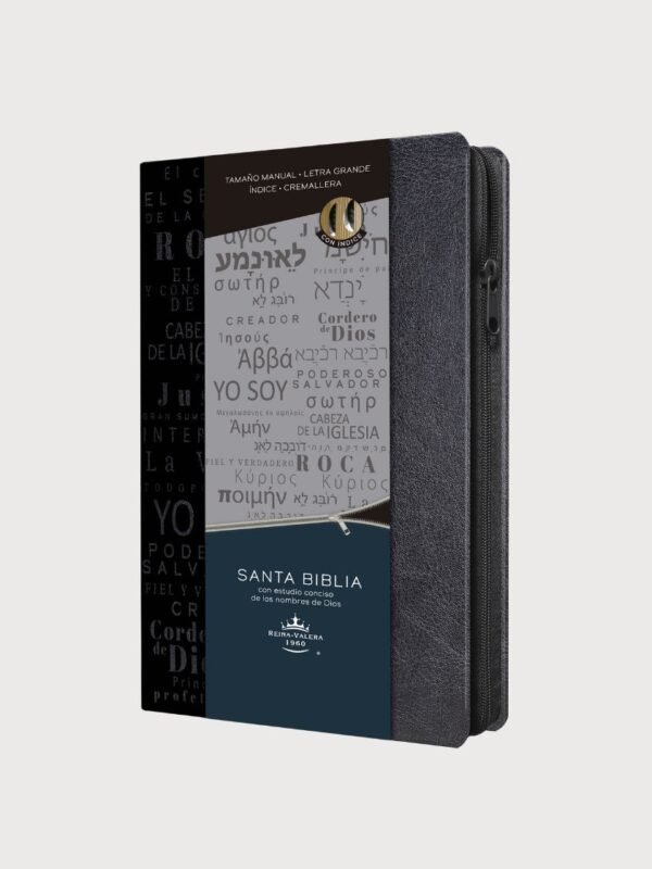 Biblia RVR 1960 Tamaño Manual Ultrafina con Letra Grande, Índice y Cremallera | Estudio de los Nombres de Dios | Símil Piel Negra