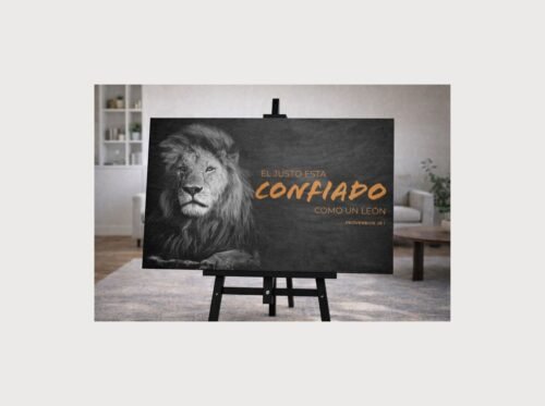 Cuadros Cristianos Grandes Horizontales 24x36 – El Justo Está Confiado Como un León | Proverbios 28:1 | Arte Cristiano Moderno para Sala