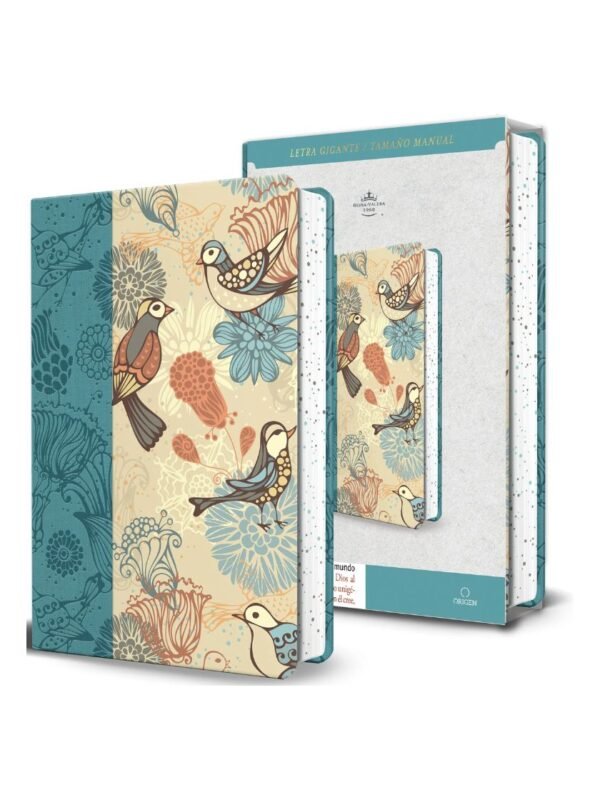 Biblia RVR60 Letra Gigante 14 Puntos Azul con Pájaros | Tamaño Manual | Símil Piel con Cantos Pintados